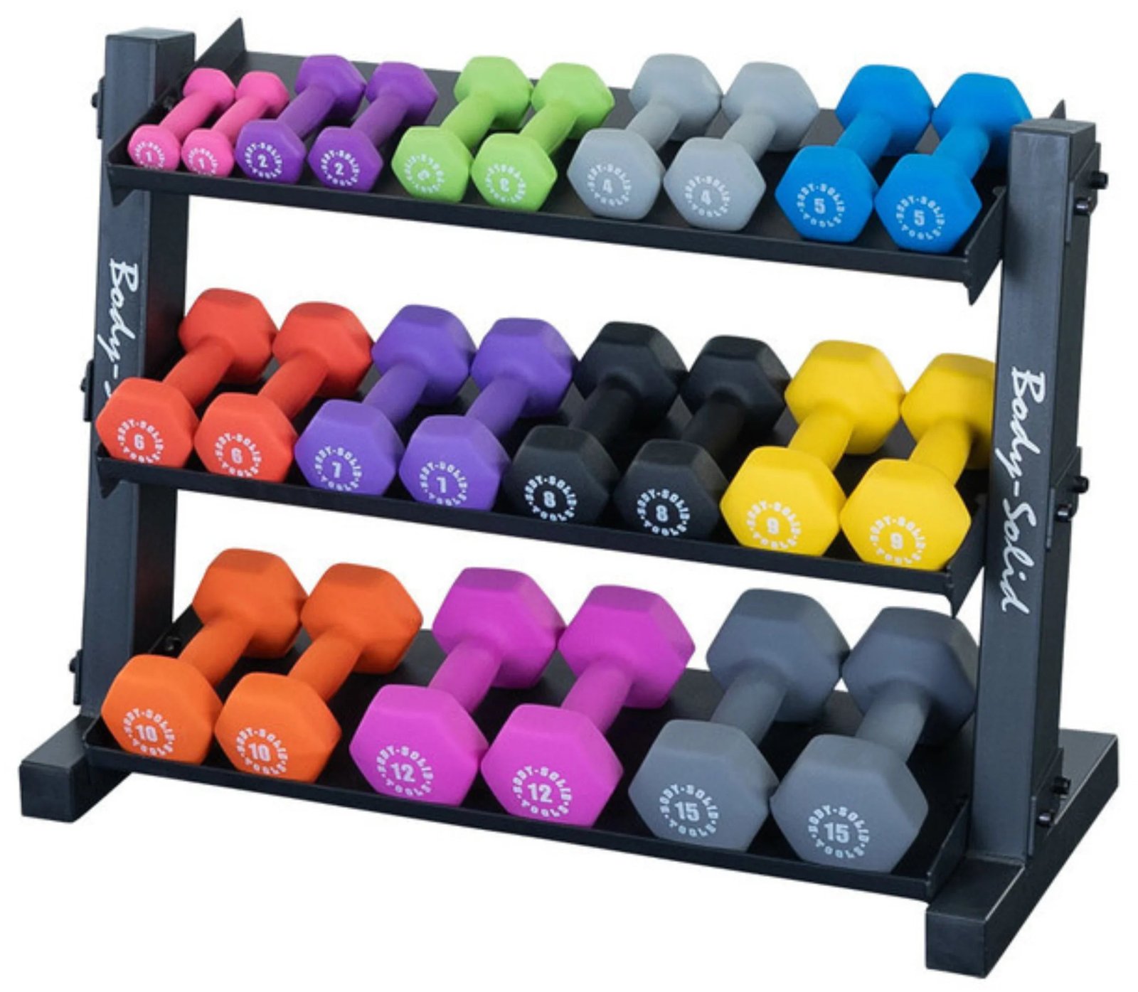 Body Solid GDR34B 3 Tier Horizontal 34" Vinyl or Neoprene Dumbbell Rack (New) - Image 2